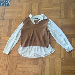 Brown V-Neck Sweater Vest with White Shirt